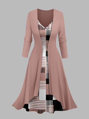 Ensemble Élégant Femme 2pcs - Cardigan V et Robe Géométrique
