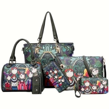 Set of Six Vintage Printed Bags for Women - Large Capacity