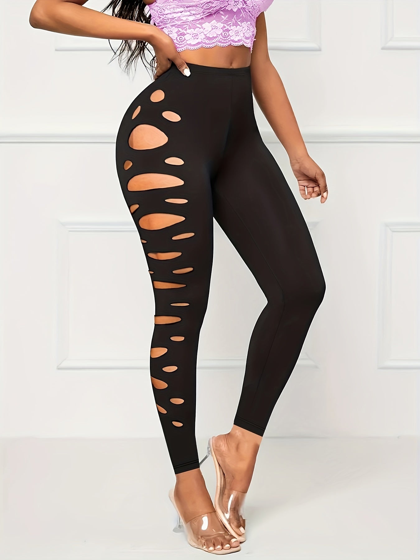 Women's Black Cutout Leggings - High Waist, Elastic