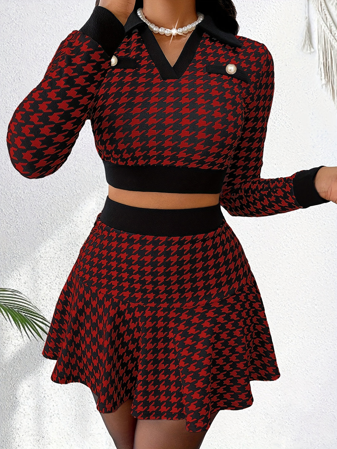 Sexy Women's Plaid V-Neck Set with Long Jacket and Flared Skirt