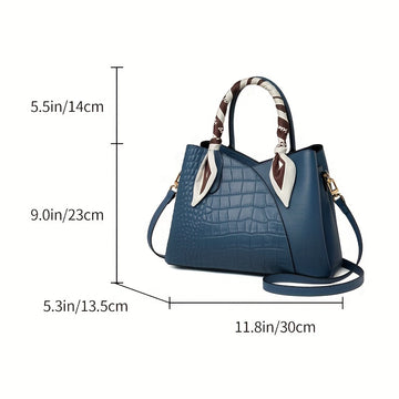 Sac Tote en Cuir Élégué au Motif Crocodile avec Poignée Écharpe Ajustable - Bleu Foncé/Noir