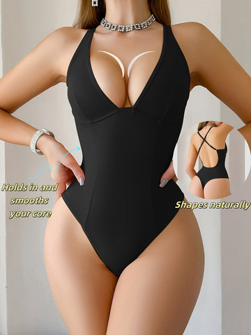 Black Body Suit with Crossed Straps and Steel Rings