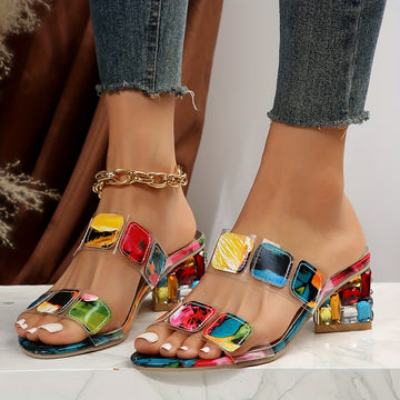 Women's Colorful Chunky Heel Sandals with Rhinestone Decor