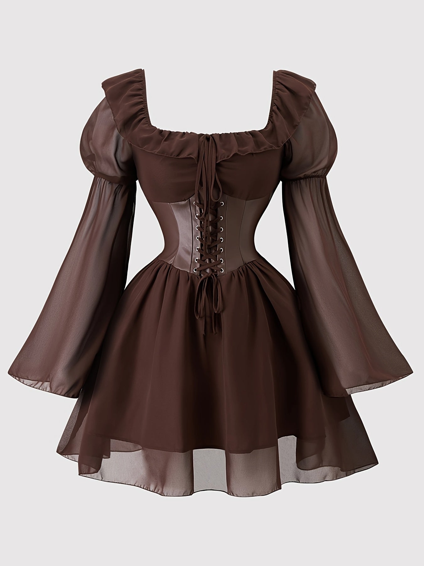 Robe A-Line Vintage en Chiffon Brun avec Manches Bell