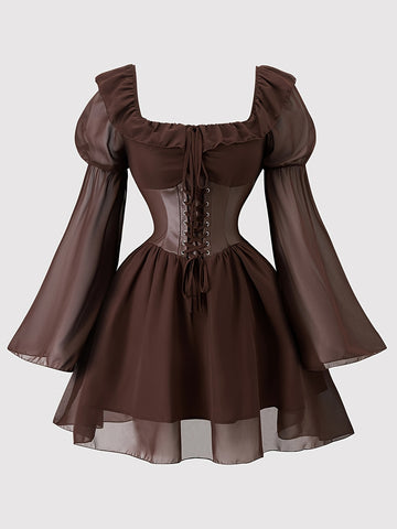 Vintage Brown Chiffon A-Line Dress with Bell Sleeves