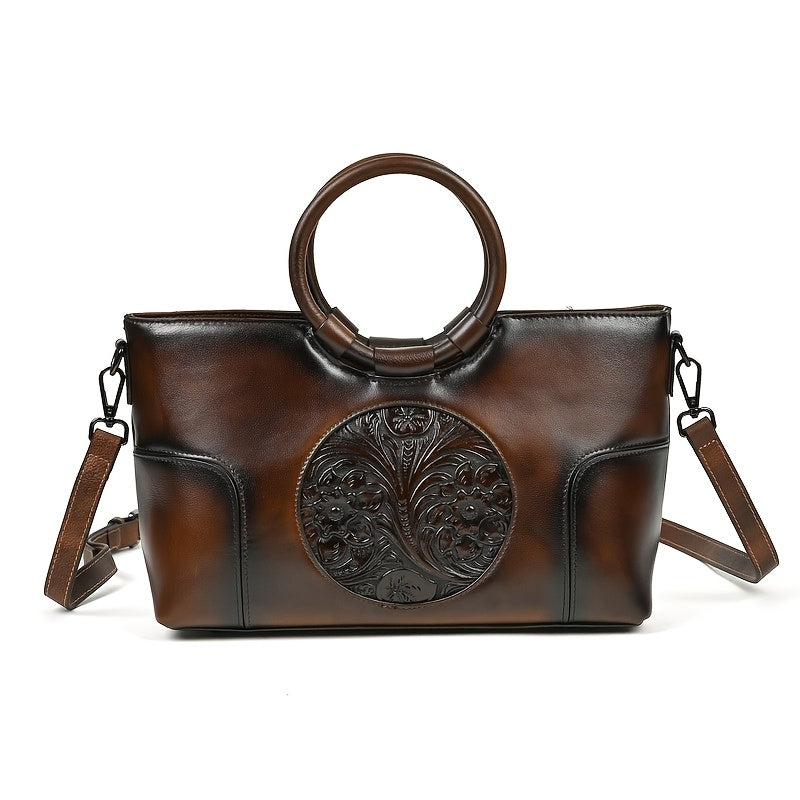 Vintage Genuine Leather Handbag with Tree Pattern and Adjustable Strap - Elegance Coffee/Dark Brown.