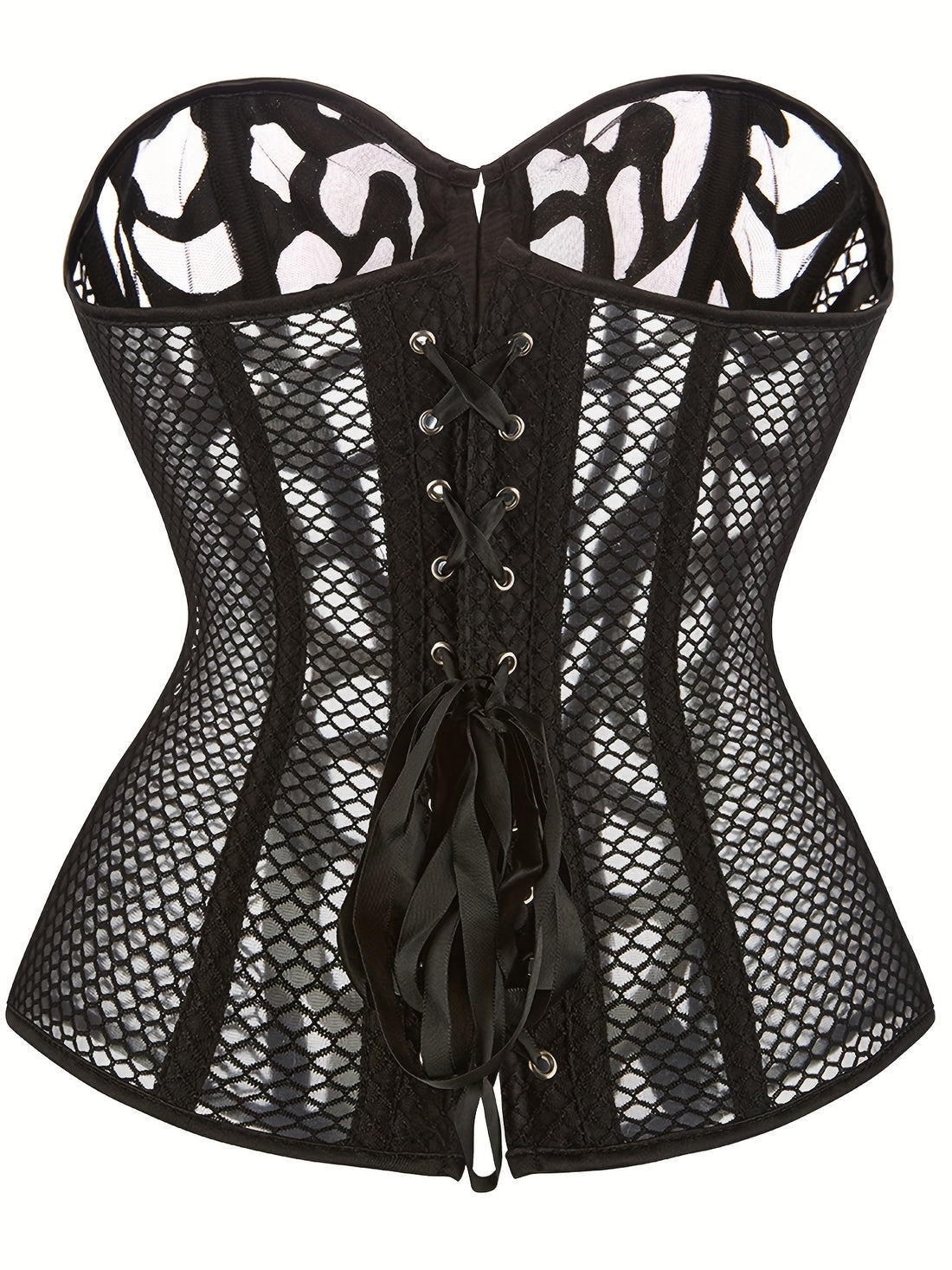 Black Printed Mesh Corset Top - Waist Cincher