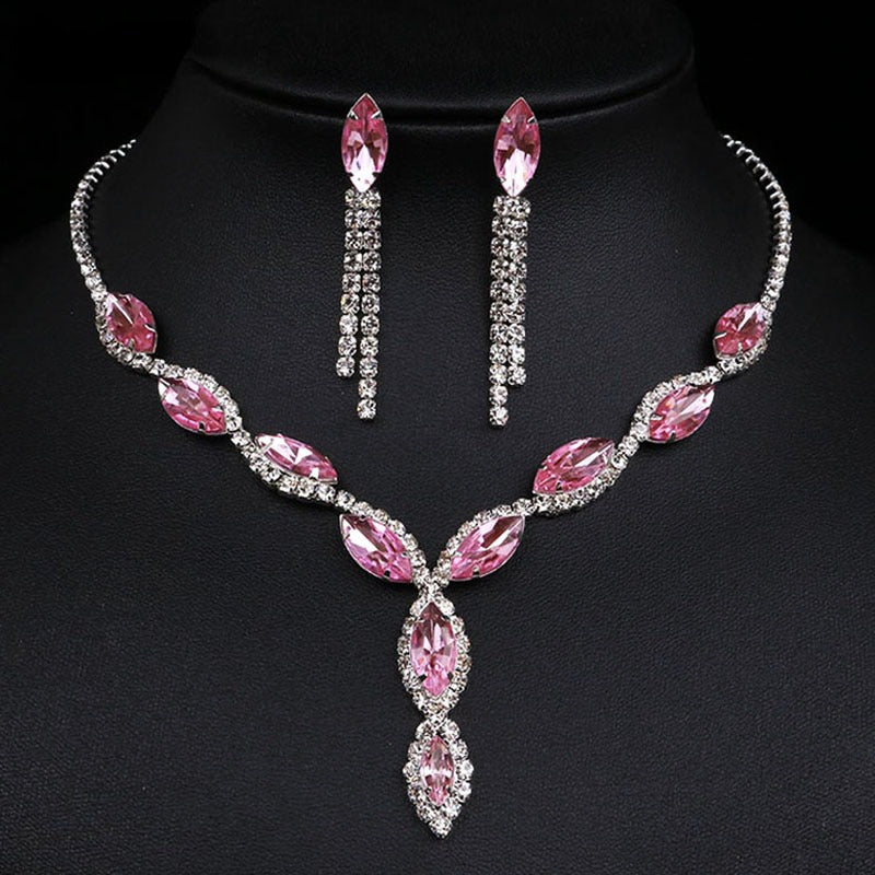 Elegant Rhinestone Jewelry Set: Pink Marquise Earrings and Necklace