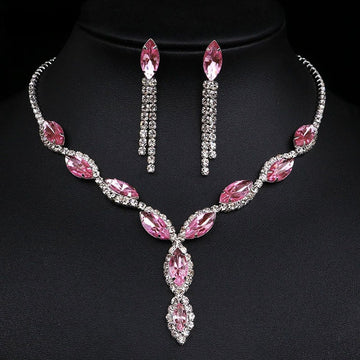 Elegant Rhinestone Jewelry Set: Pink Marquise Earrings and Necklace