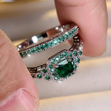 Green Stone Engagement Ring Set - 2pcs