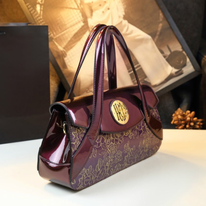 Luxury Genuine Leather Floral Handbag for Women