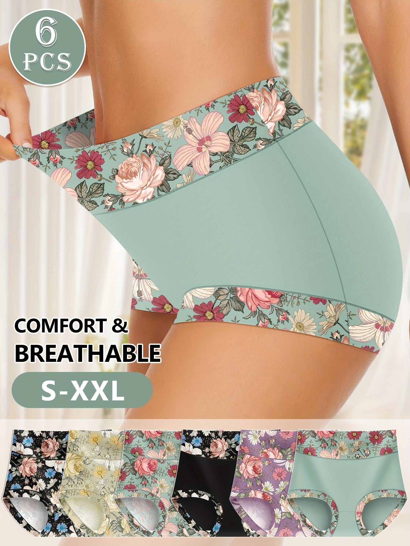 MEIYATING 6pcs High Waist Panties - Elegant Floral Print