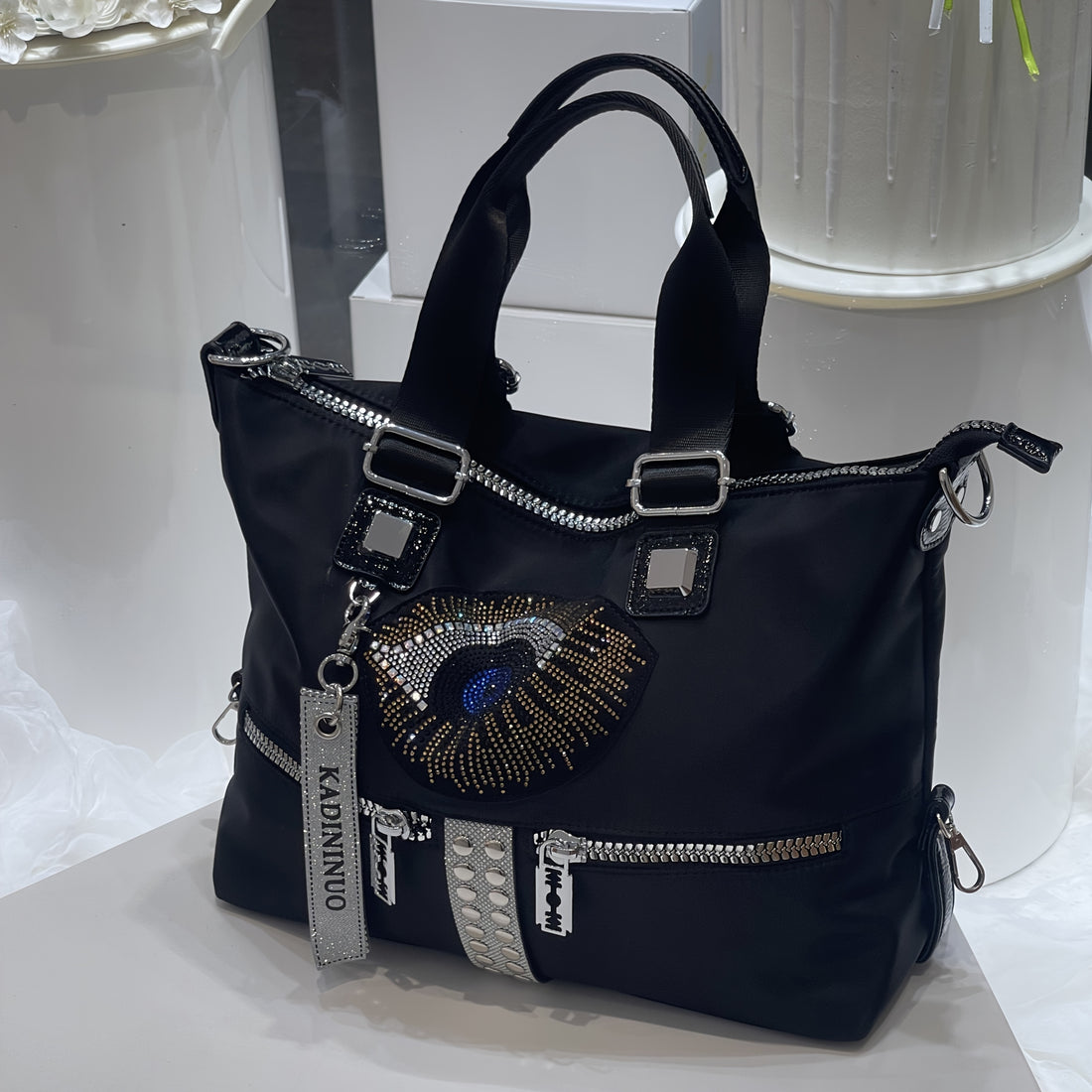 Angel'S Eye Water Diamond Handbag in Black Oxford Fabric