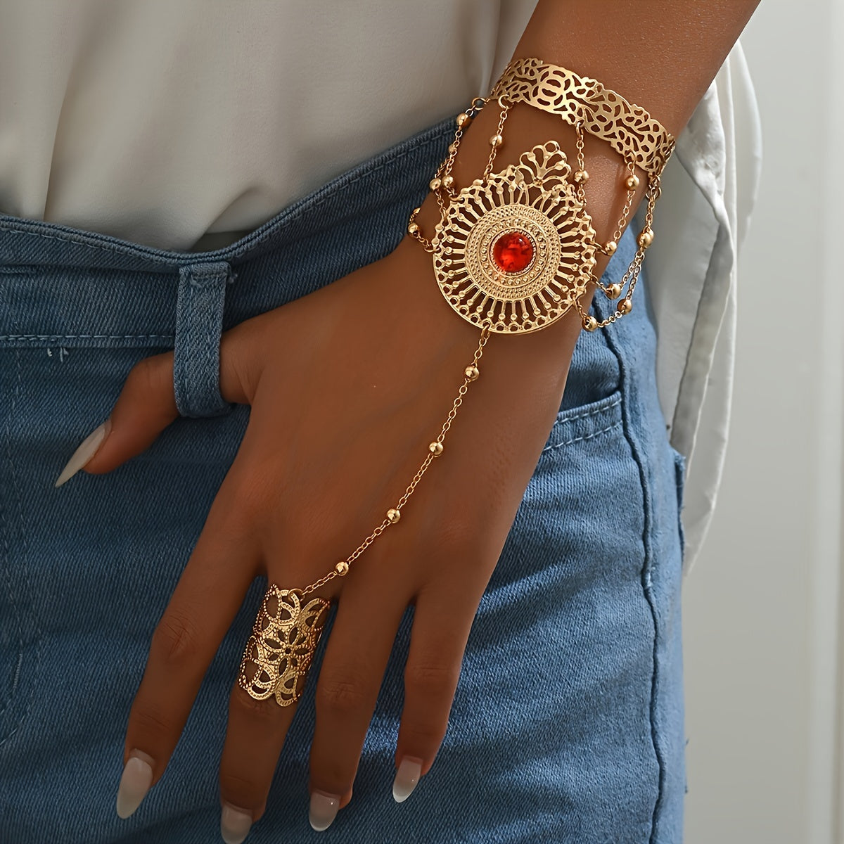 Boho-Chic Floral Mitten Bracelet in Gold with Red Stone Accents