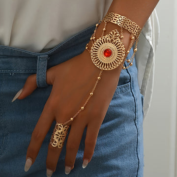 Boho-Chic Floral Mitten Bracelet in Gold with Red Stone Accents