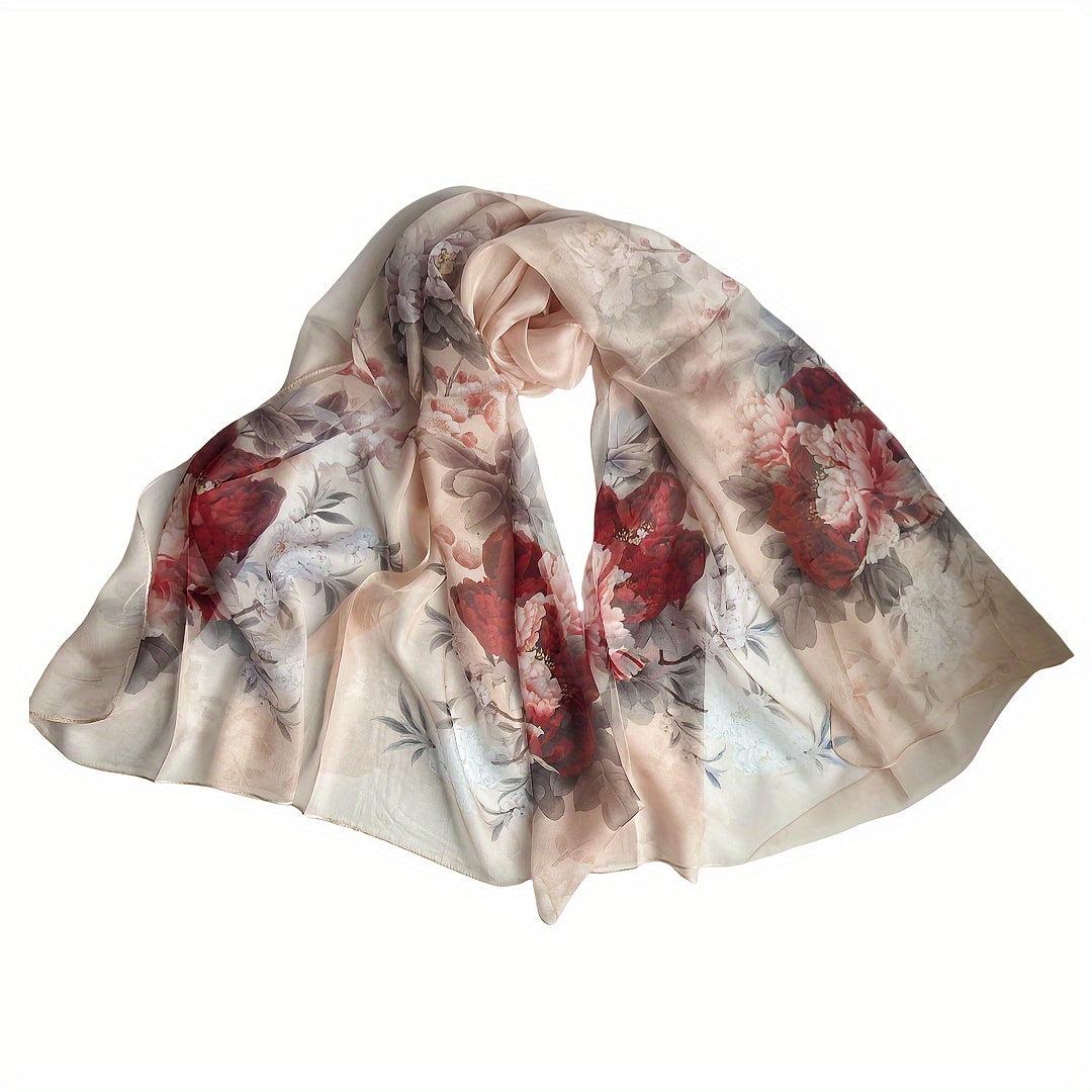 100% Silk Scarf with Floral Print - Elegant Red, White &amp; Blue Design