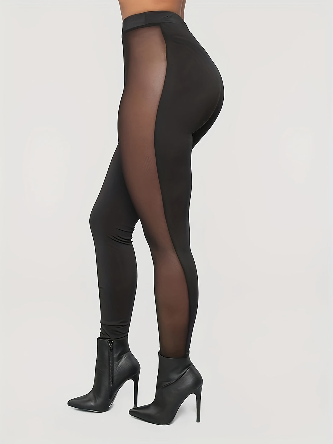 Leggings Femme Taille Haute Noire avec Panneaux en Maille