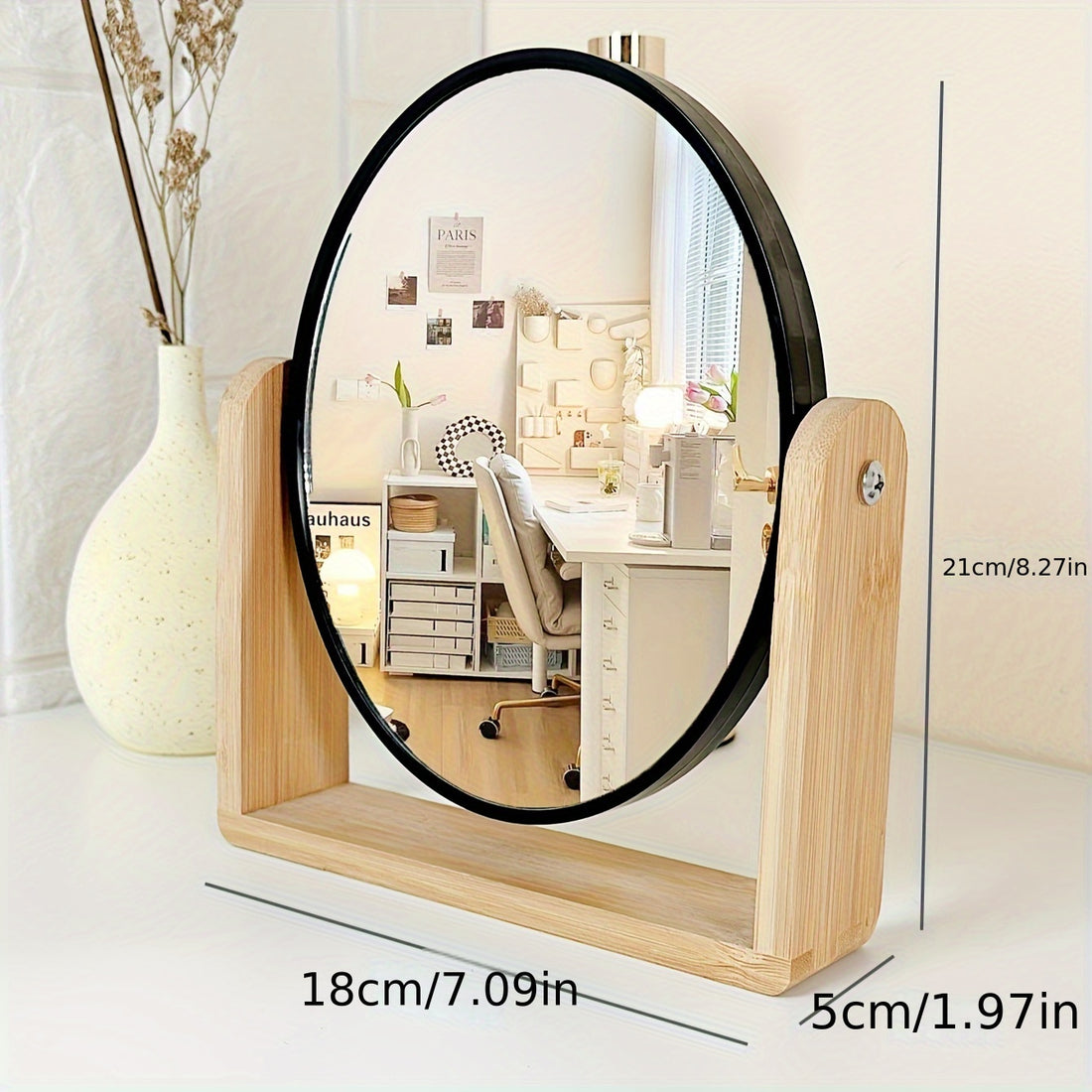 Miroir de Maquillage Double Face en Bois Élégant avec Grossissement