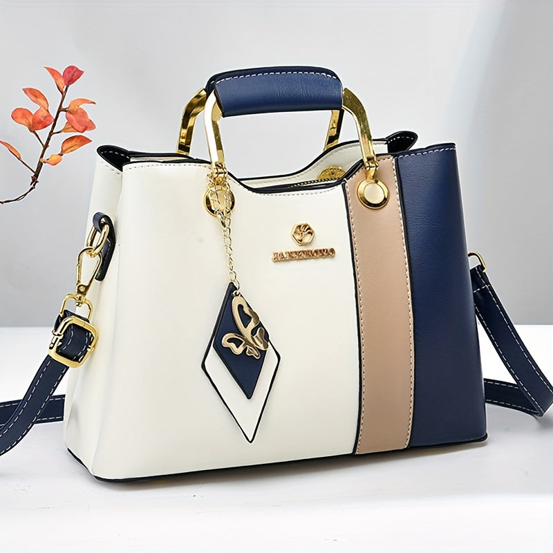 Stylish Colorblock Tote Bag for Women - Navy, White &amp; Beige