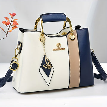 Sac Tote Colorblock Élégant pour Femmes - Bleu Marine, Blanc & Beige