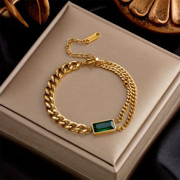 Green Square Stainless Steel Bracelet with Gold Chain