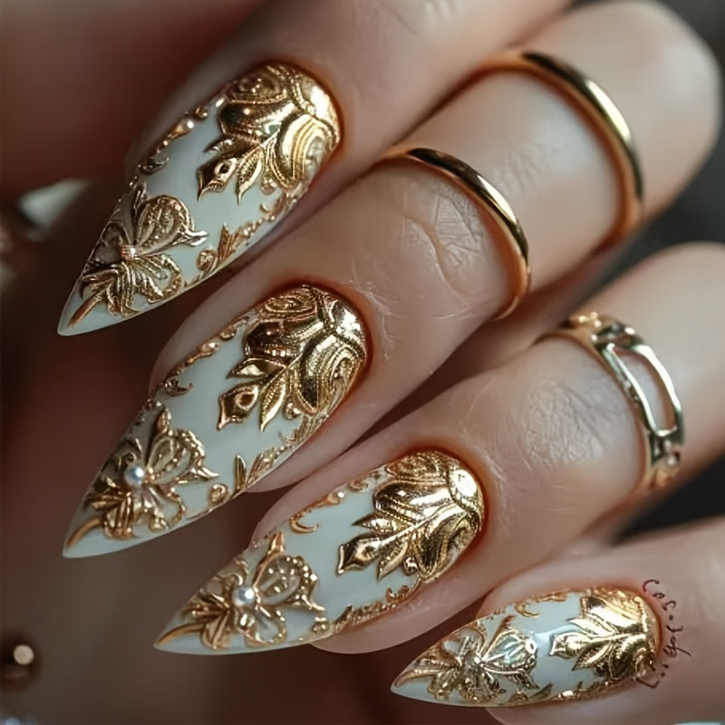 Set of 24 elegant press-on nails with 3D gold floral design