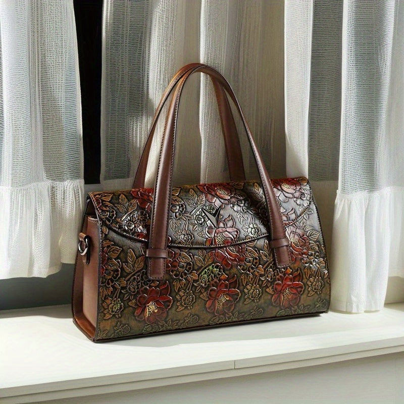 Green Floral Print Genuine Leather Handbag - Retro and Modern Elegance