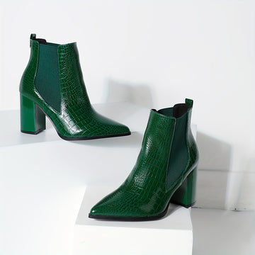 Women's Chunky Heel Ankle Boots with Crocodile Pattern