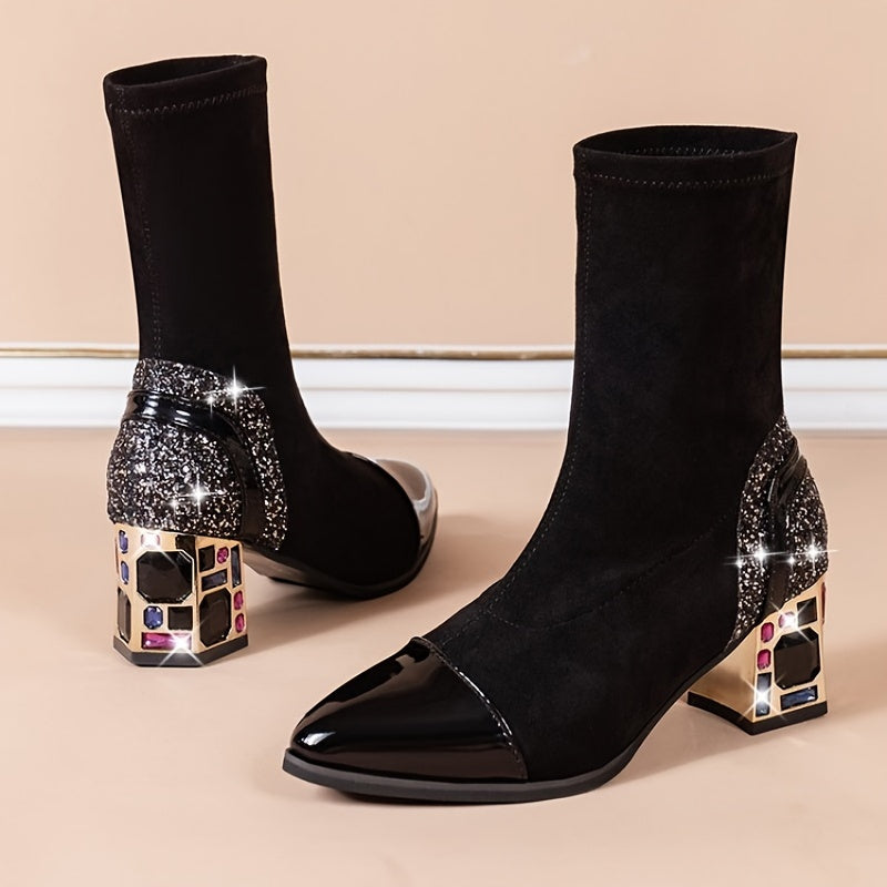 Chic Rhinestone Mid-Calf Boots for Women - Comfort and Elegance