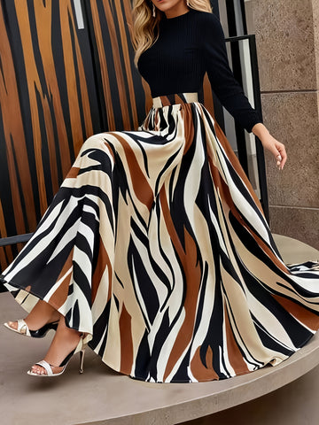 Robe A-Line Femme à Imprimé Zebra - Taille Haute, Manches Longues