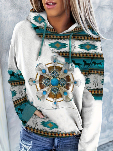 Hoodie Western Boho-Chic Femme - Imprimé Rêveur Turquoise & Doré