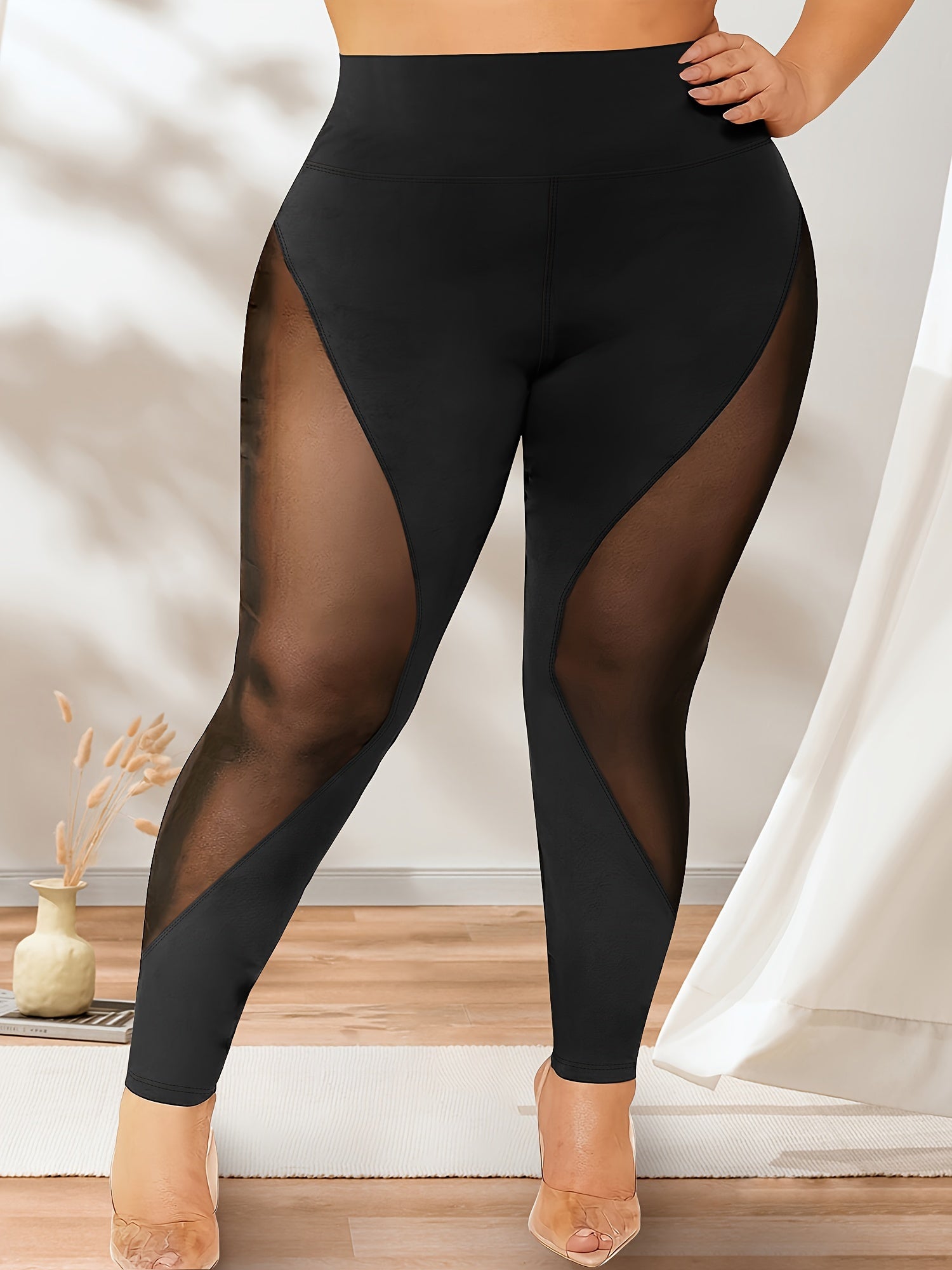 Leggings de Yoga Grande Taille avec Panneaux en Maille Semi-Transparent