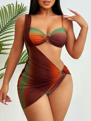 Brown Gradient Print Mesh Asymmetric Bikini Set