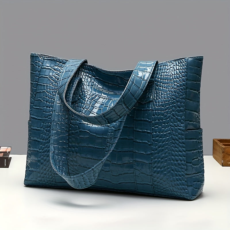 Crocodile Pattern PU Tote Handbag - Large Shiny Blue