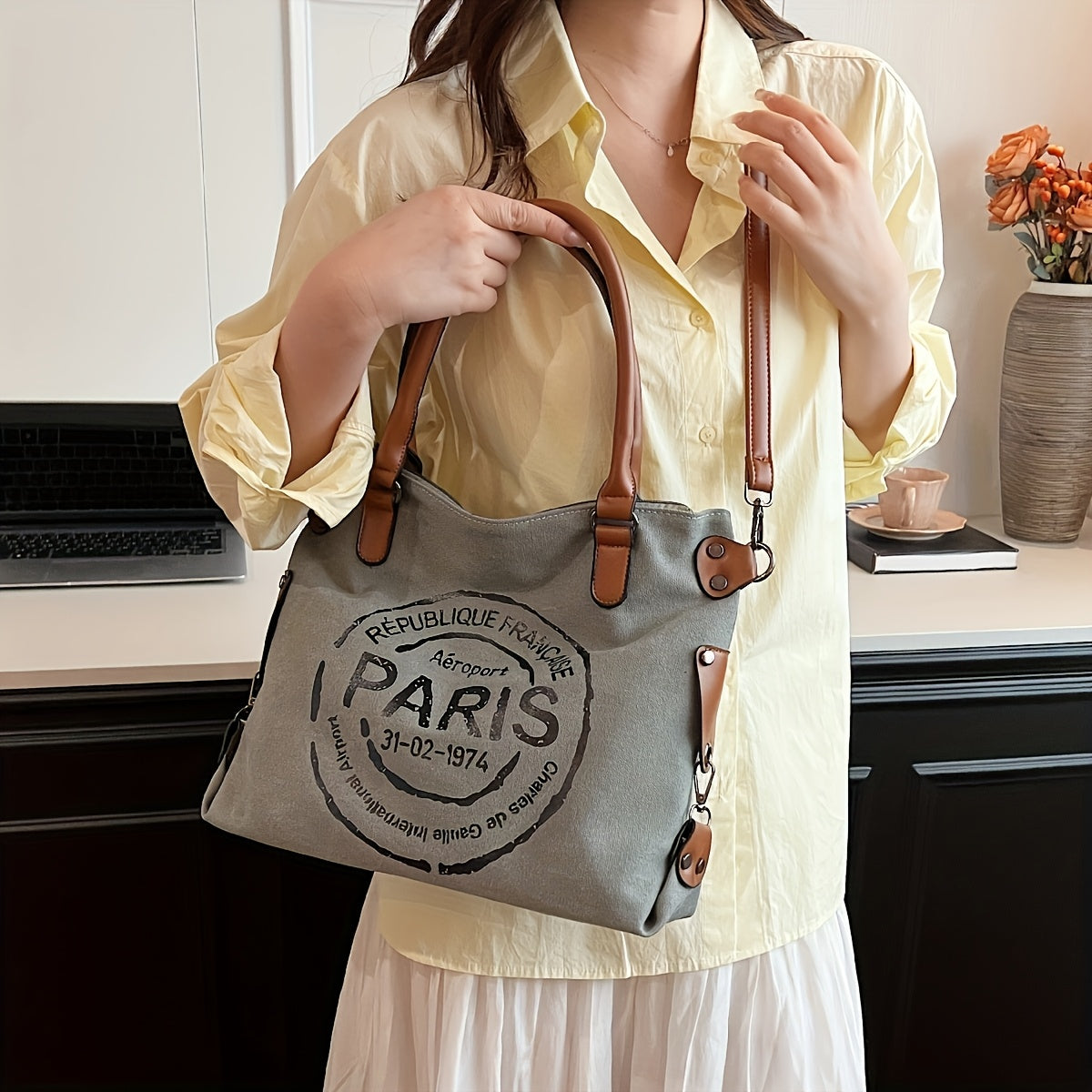 Vintage Canvas Tote Bag for Women with Parisian Design