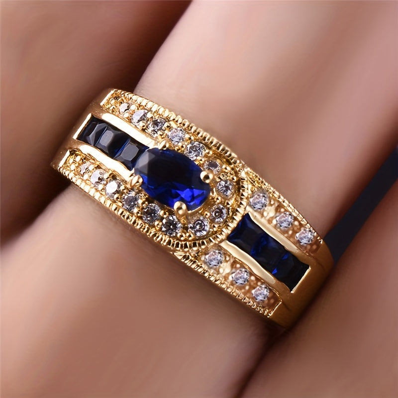 Elegant Gold Plated Ring with Blue and Clear Cubic Zirconia