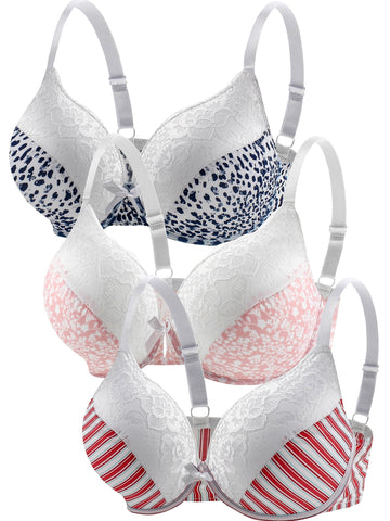 Women's Plus Size 3pcs Elegant Bra with Various Prints