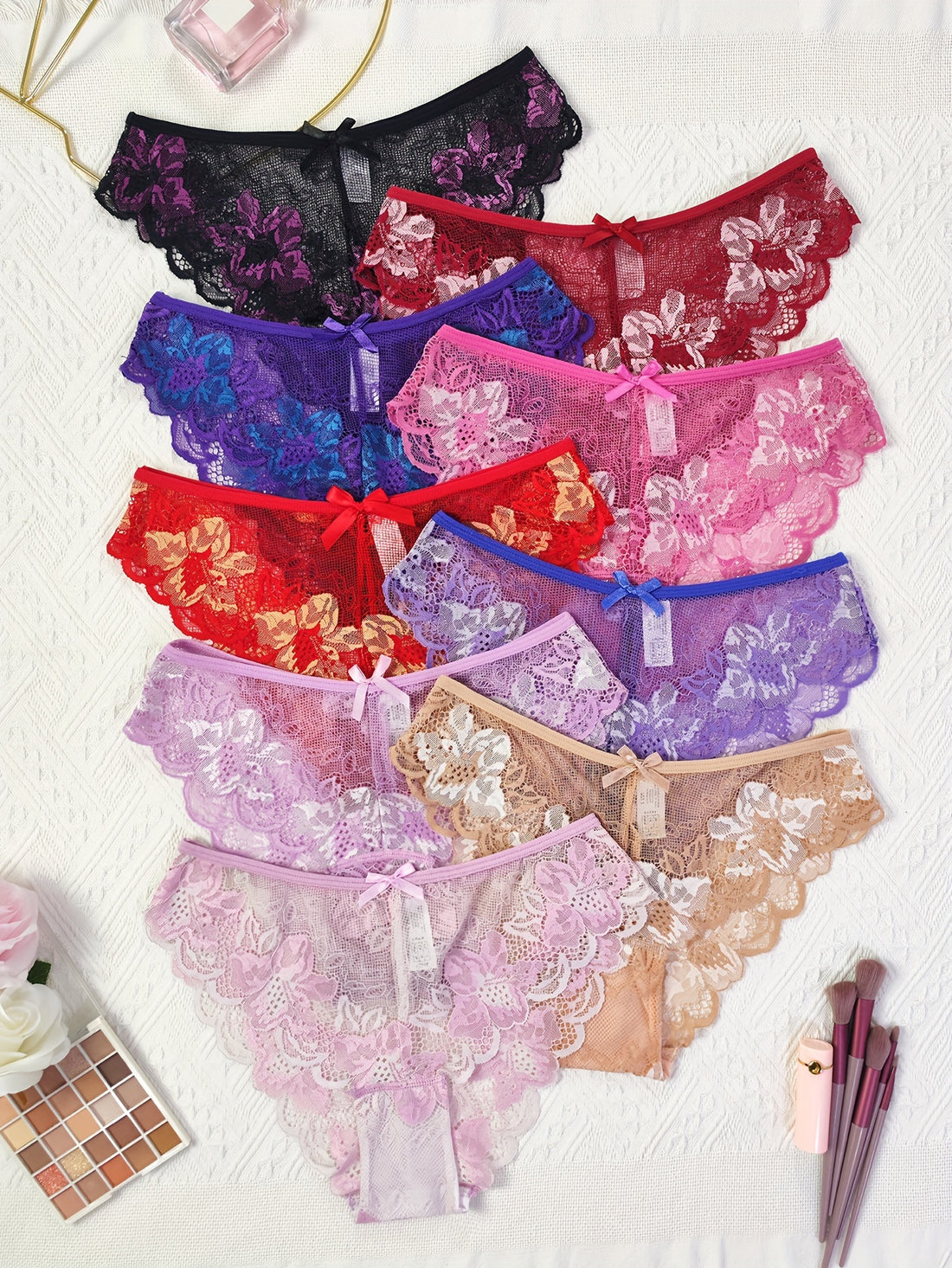 9pcs Semi-Sheer Floral Lace Bias Binding Panties