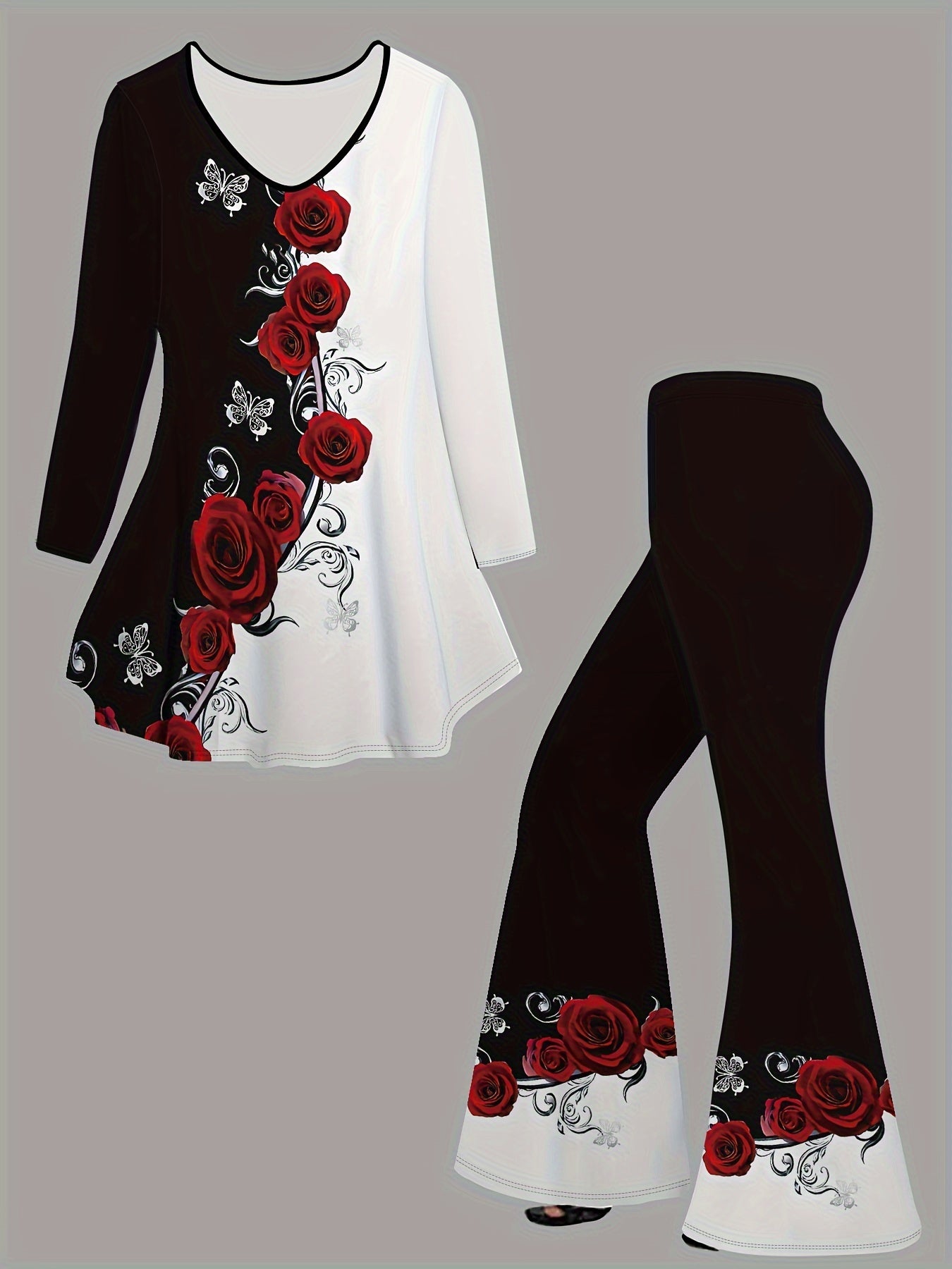 Rose Print T-shirt &amp; Pants Set - 2 Pieces