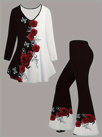 Rose Print T-shirt &amp; Pants Set - 2 Pieces