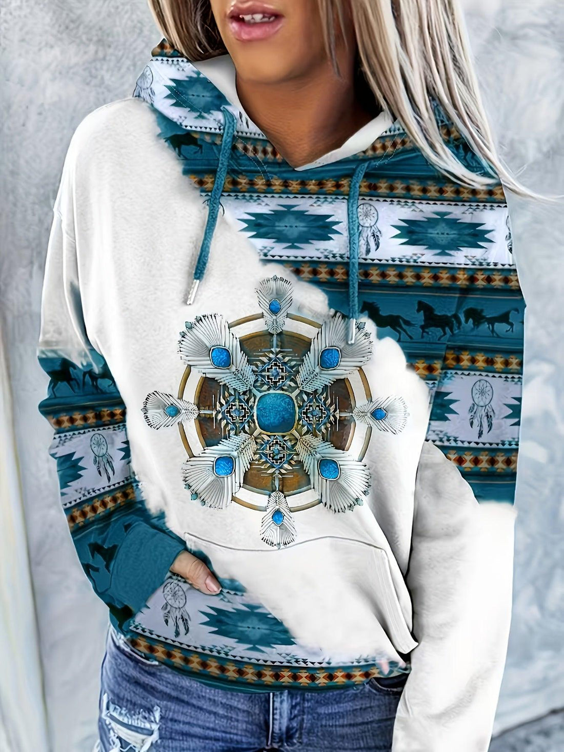 Hoodie Western Boho-Chic Femme - Imprimé Rêveur Turquoise & Doré