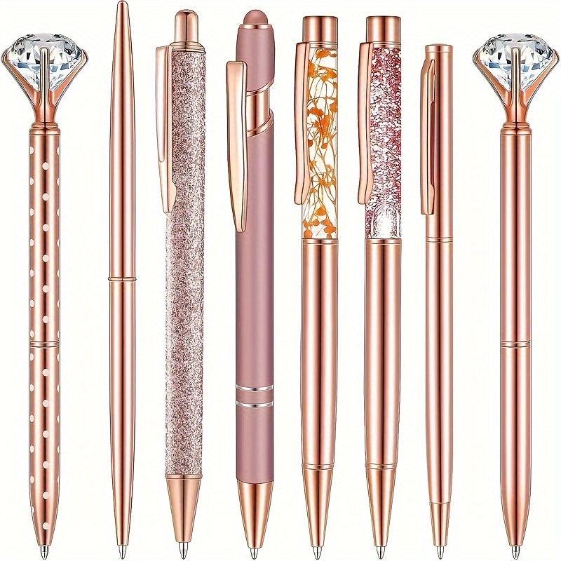 Set of 8 Rose Gold Metallic Pens with Crystal Decorations