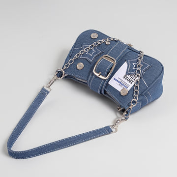 Y2K Denim Crossbody Bag for Women - Blue with Star Embroidery