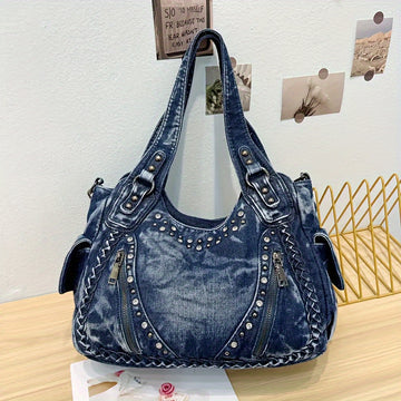 Women's Denim Shoulder Bag with Studs