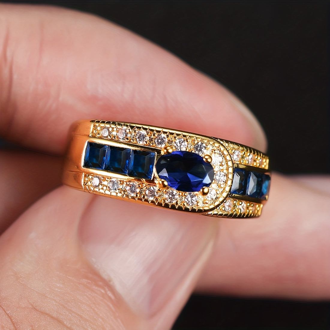 Elegant Gold Plated Ring with Blue and Clear Cubic Zirconia