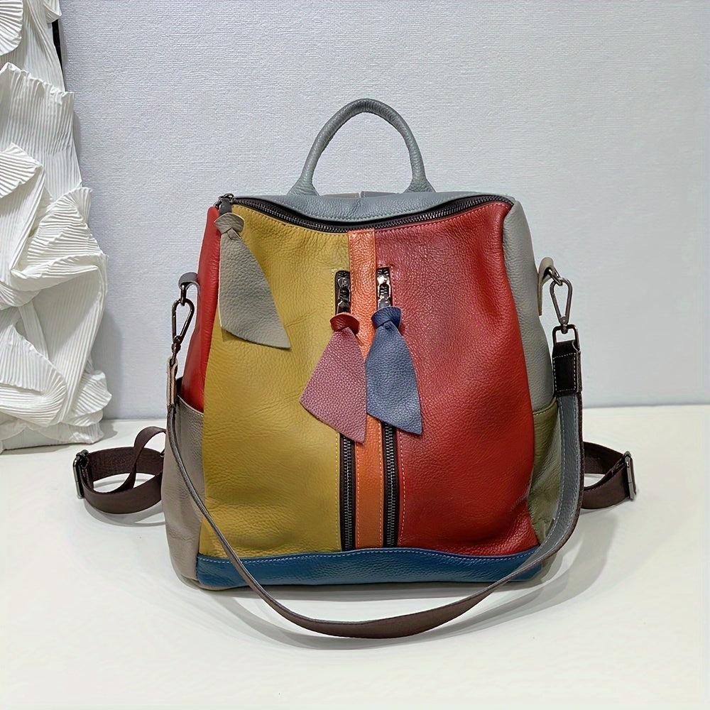 Sac à dos vintage en cuir véritable pour femmes - Design color block luxueux