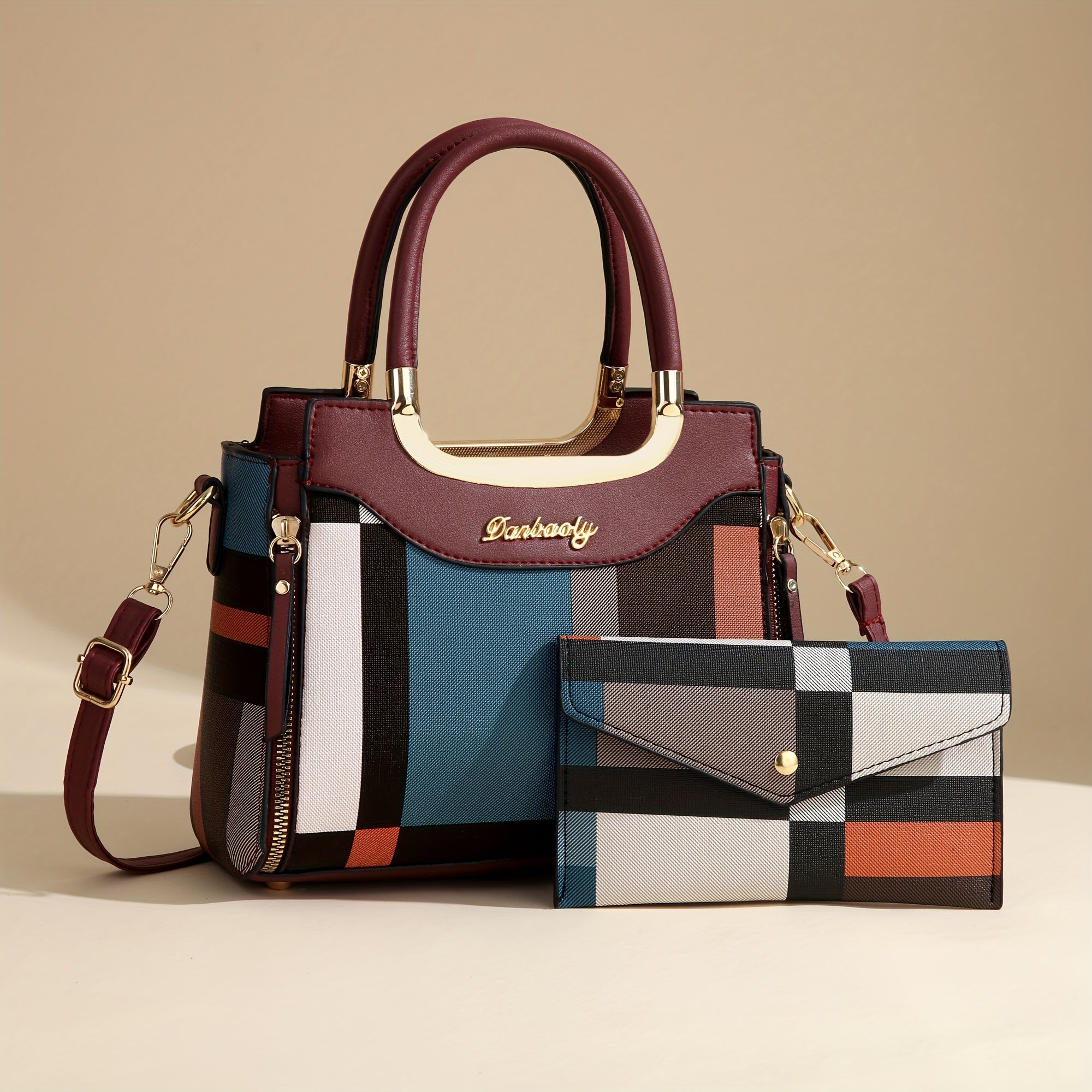 Sac Tote Chic Colorblock avec Portefeuille Assortis