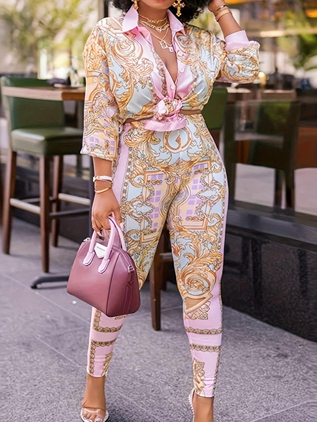 Pink Two Piece Set with English Print