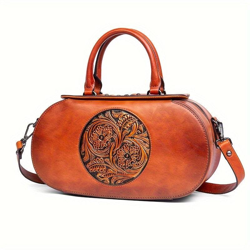 Vintage genuine leather handbag with embossed floral design - Elegance and sophistication.