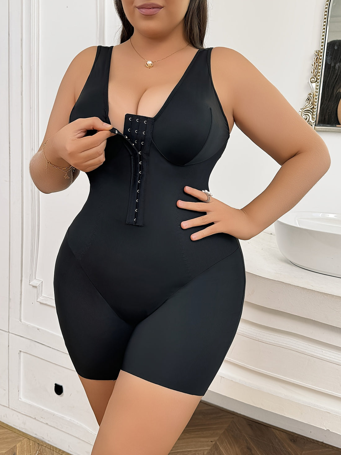 Plus Size Nylon Swimsuit with Front Buttons